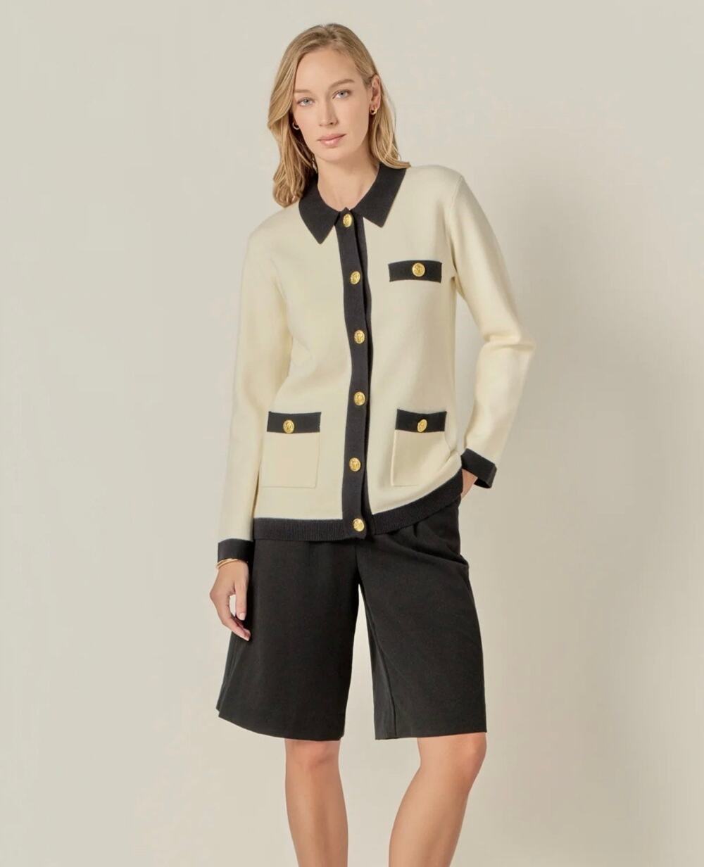 New English factory contrast knit ivory & black cardigan sz M